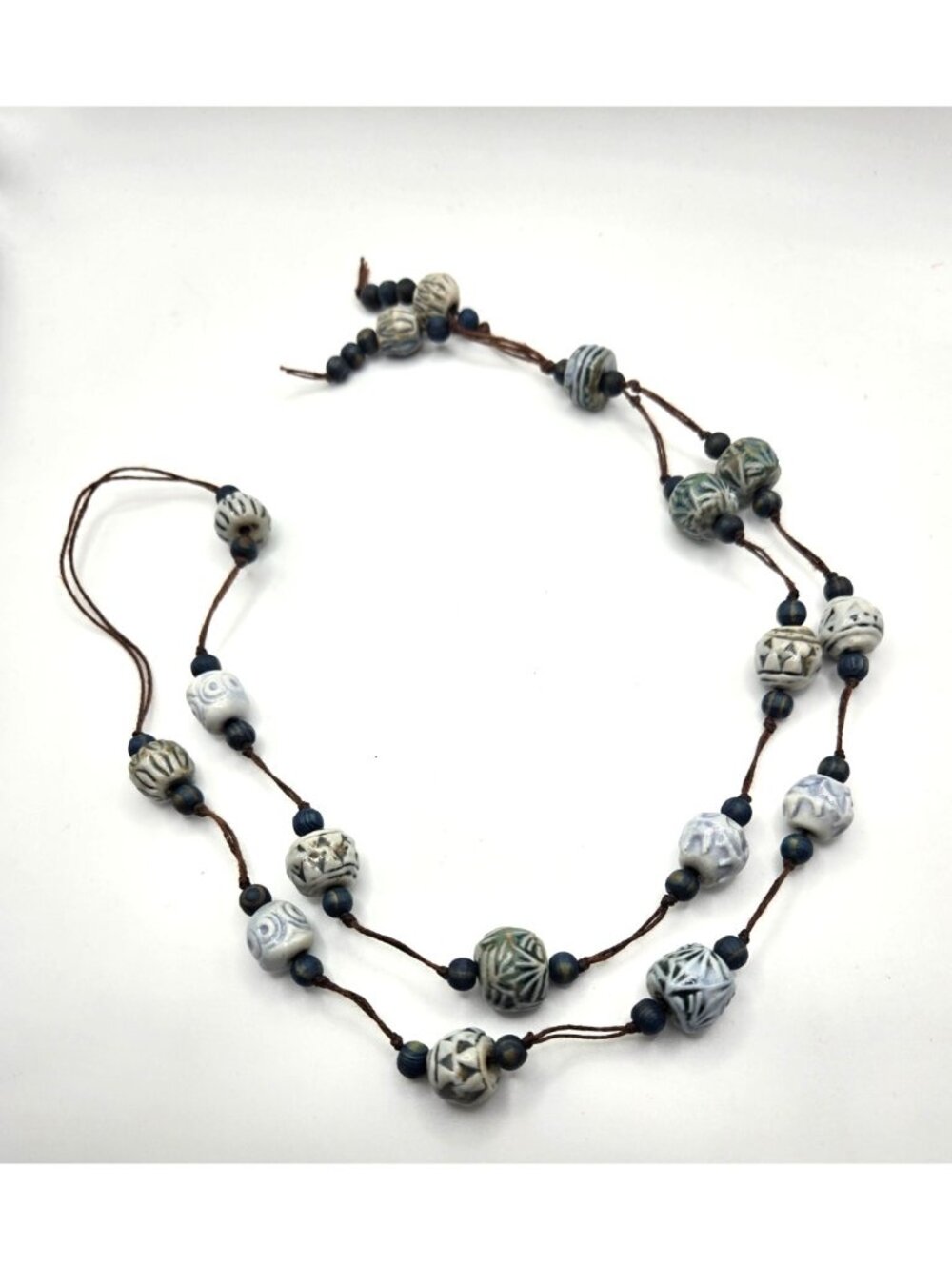 Artisan Ceramic Bead Long Necklace Boho Double Strand Handmade Pottery unique